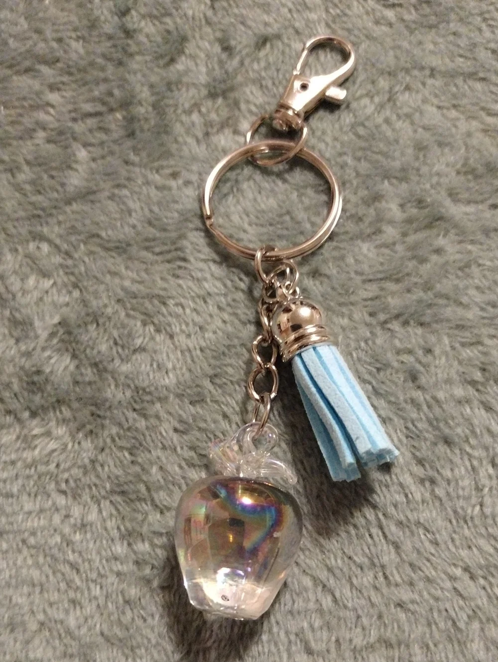 Iridescent Glass Apple Keychain with Light Blue Tassel